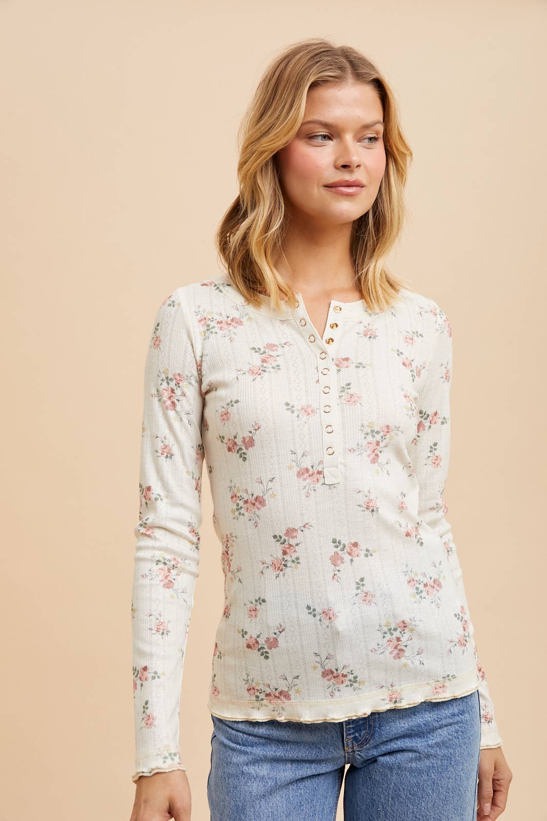 The Liz Floral Snap Down Long Sleeve Top | Dusty Rose | Sizes L