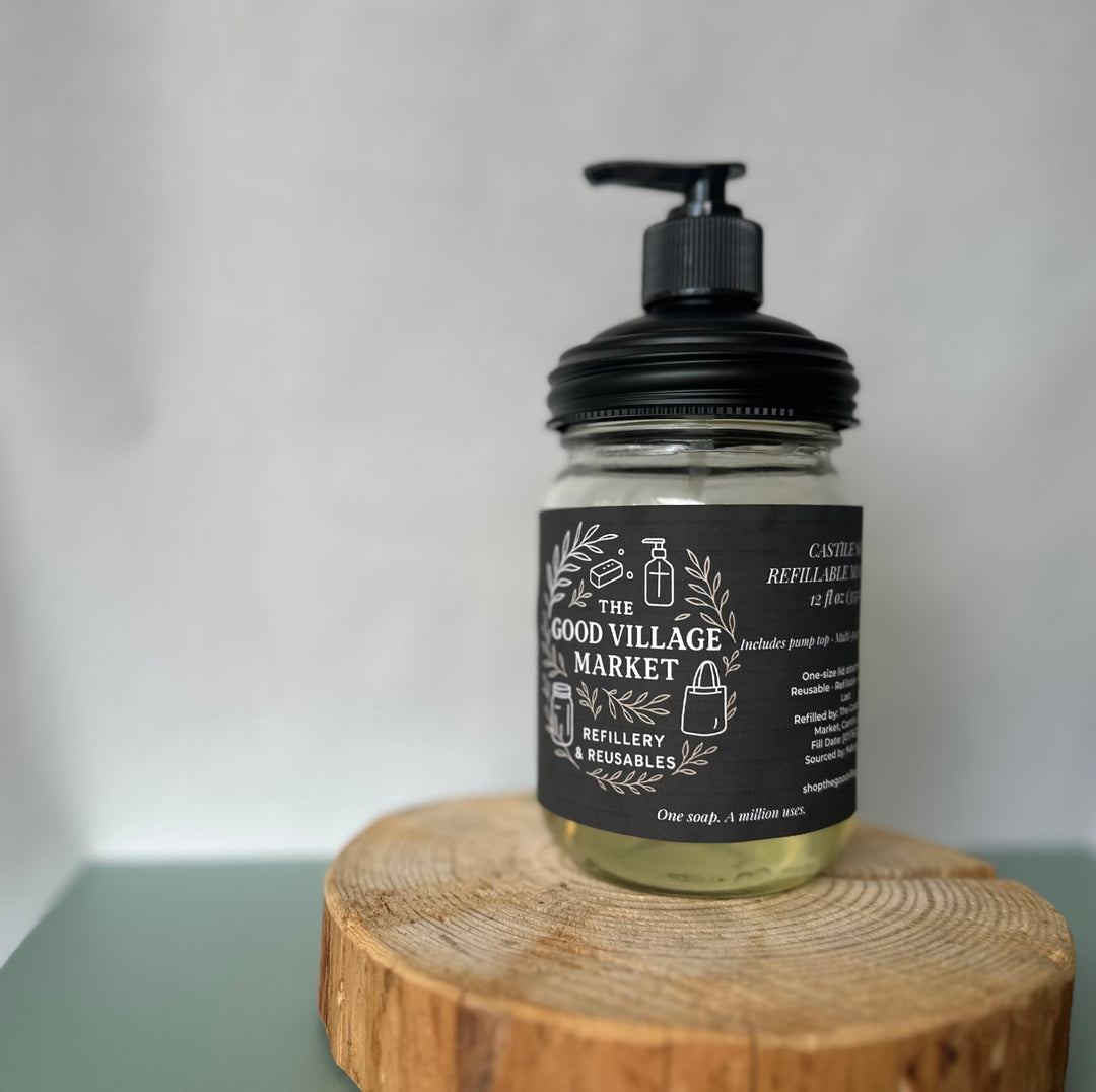 Unscented Liquid Castile Soap (with Pump Top) Starter Set– 12 oz Refillable Jar