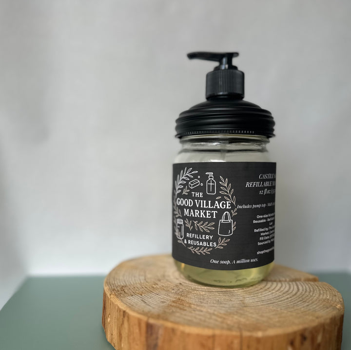 Unscented Liquid Castile Soap (with Pump Top) Starter Set– 12 oz Refillable Jar