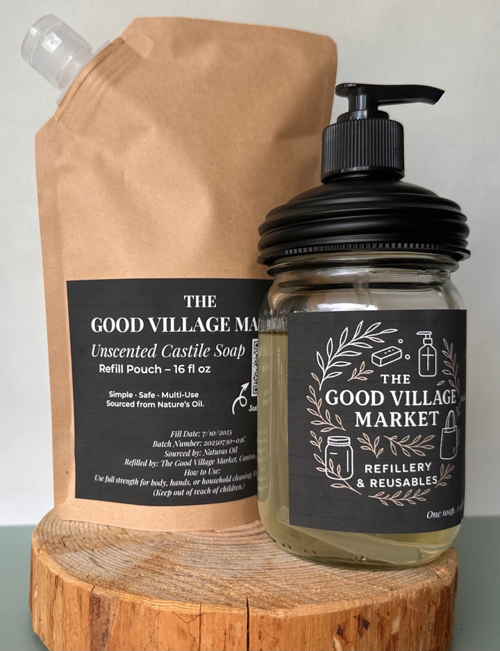 Unscented Liquid Castile Soap (with Pump Top) Starter Set– 12 oz Refillable Jar