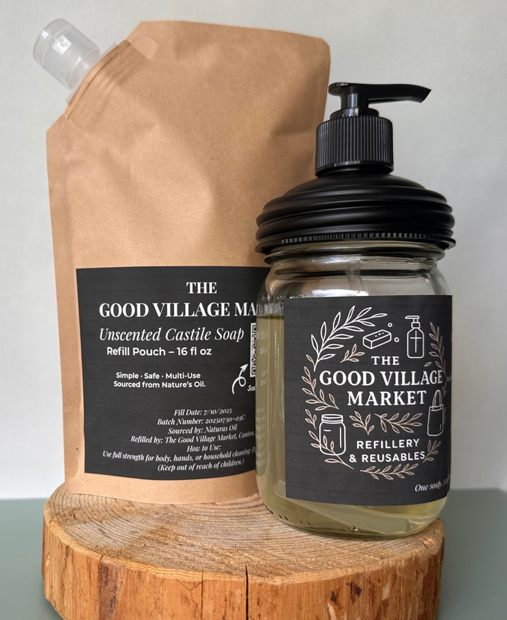 Unscented Liquid Castile Soap (with Pump Top) Starter Set– 12 oz Refillable Jar