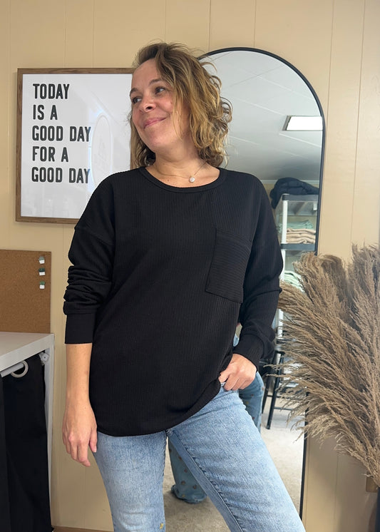 The Brittany Ribbed Long Sleeve Top | Black | Size M