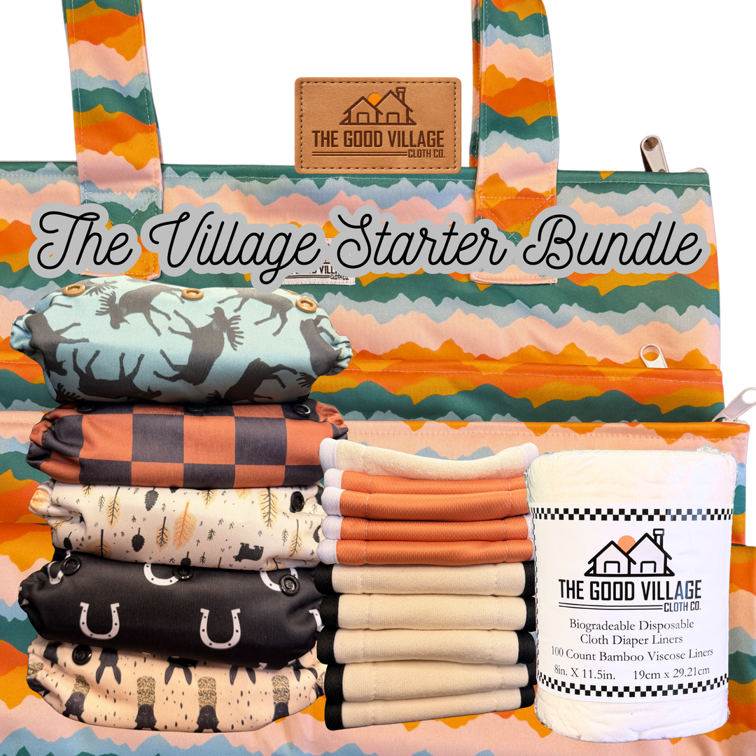 Cloth diaper starter bundle with pocket cloth diapers, hemp cotton inserts, bamboo liners and hanging wet bag