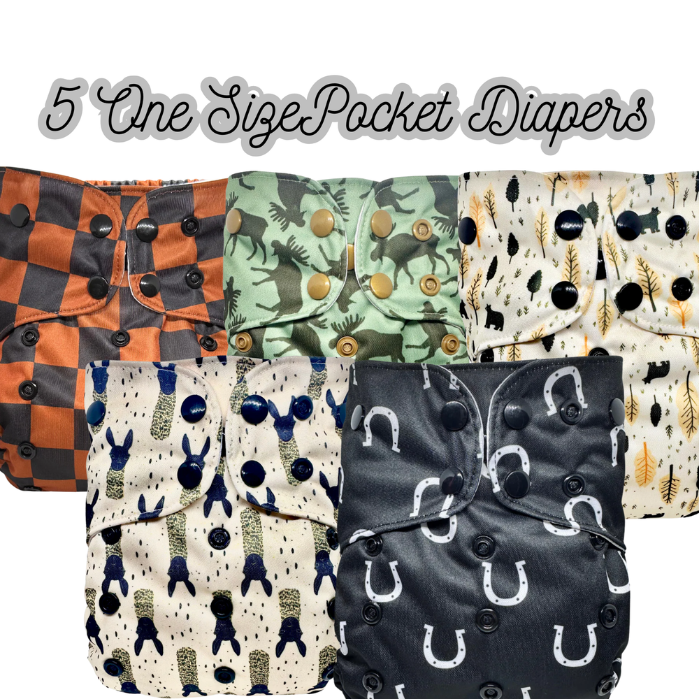 Cloth diaper starter bundle with pocket cloth diapers, hemp cotton inserts, bamboo liners and hanging wet bag
