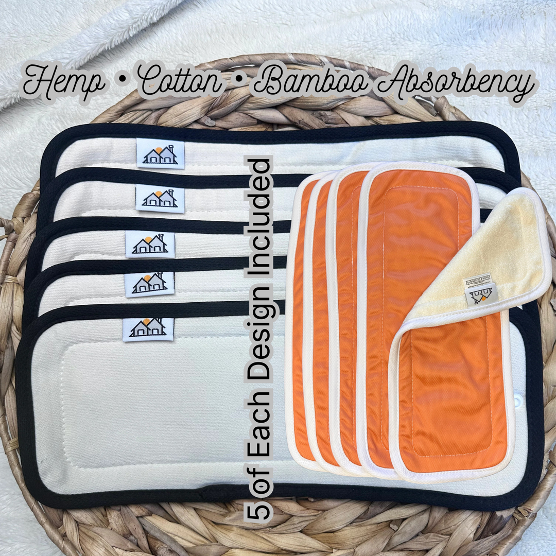 Cloth diaper starter bundle with pocket cloth diapers, hemp cotton inserts, bamboo liners and hanging wet bag